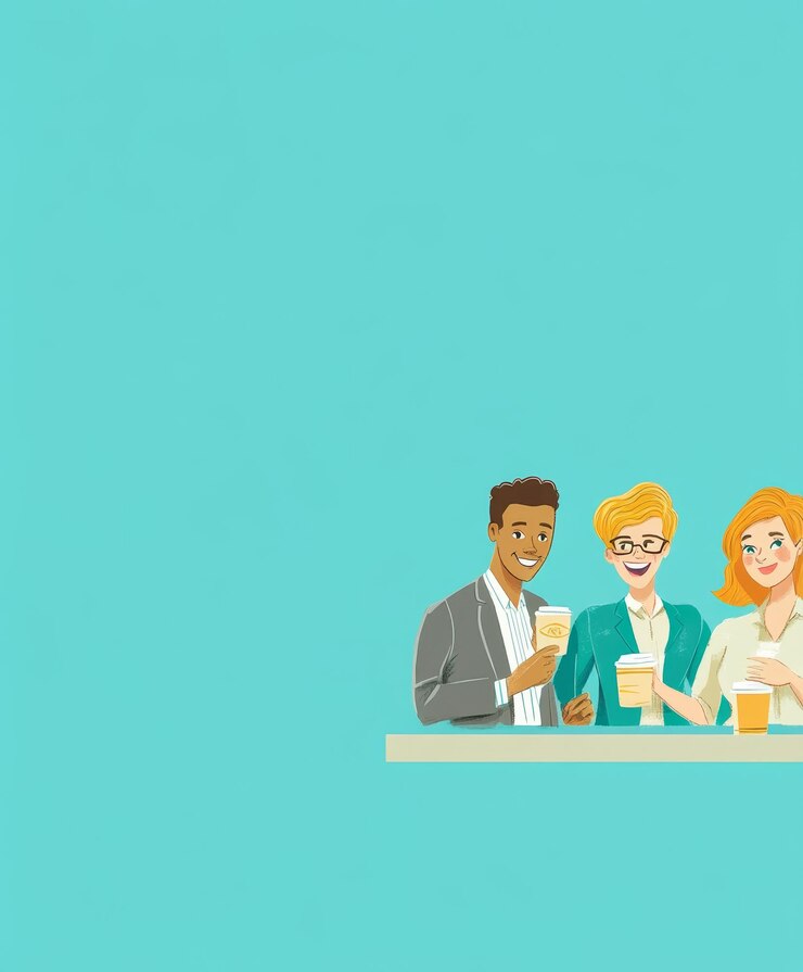 Foto zeichentrickfilm-büroangestellte genießen eine kaffeepause vor einem panoramischen blauen hintergrund