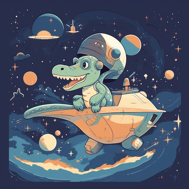 Zeichentrickfilm-Dinosaurier reiten auf einem Raumschiff im Weltraum mit Planeten generative ai