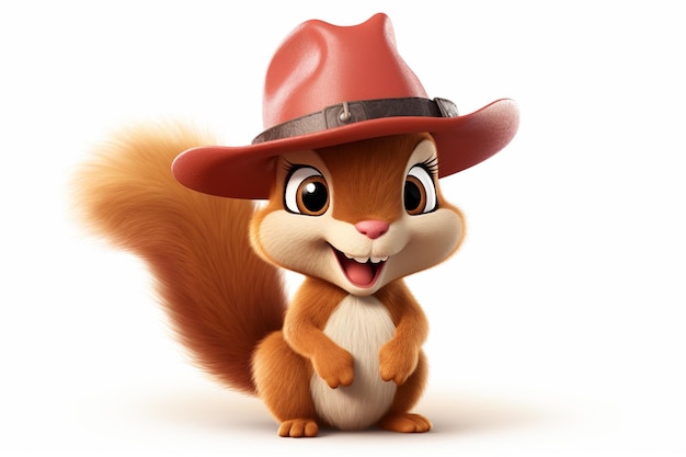 Zeichentrickfilm Eichhörnchen mit rotem Hut und rotem Hut generativ ai