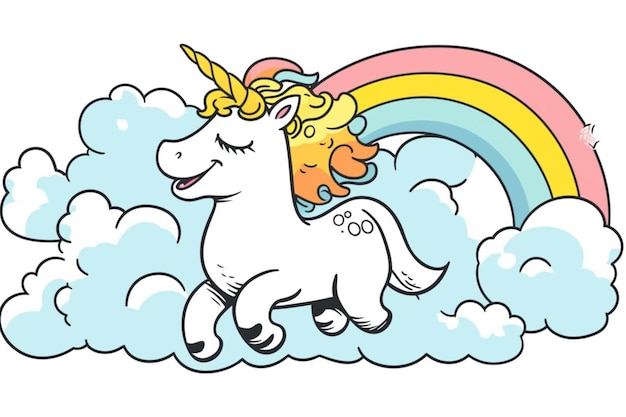 Zeichentrickfilm Einhorn reitet auf einer Wolke mit einem Regenbogen im Hintergrund generative ai