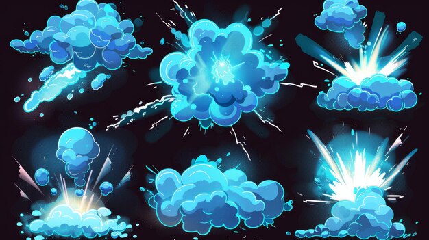 Foto zeichentrickfilm-explosionseffekte mit neonblauem feuer und grauen rauchwolken moderne illustration von comic-stil explosion puff schnelle geschwindigkeitsbewegung staubspur boomwellen-animation isoliert auf schwarz