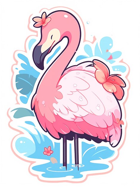 Zeichentrickfilm-Flamingo mit einem Bogen im Schnabel steht im Wasser