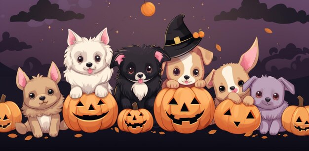 Zeichentrickfilm-Halloween-Szene mit Hunden und Kürbissen im Dunkeln generative ai