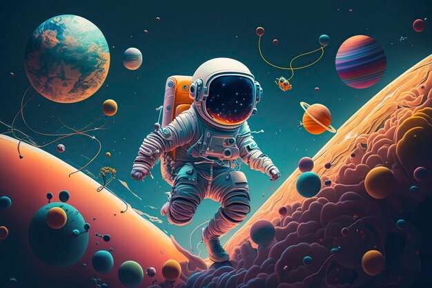 Zeichentrickfilm-Illustration Astronaut und Planeten, die im Weltraum treiben ai generativ