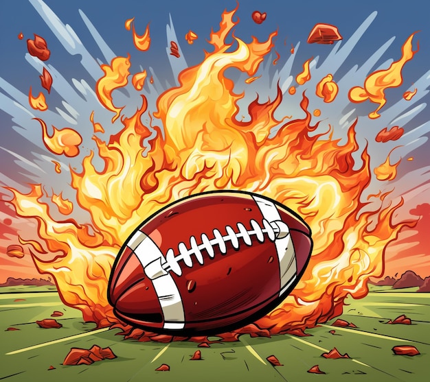 Zeichentrickfilm-Illustration eines brennenden Fußballs mit himmlischem Hintergrund generativ ai