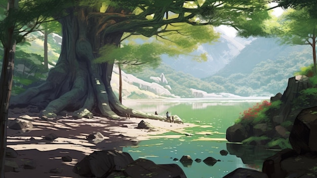 Zeichentrickfilm-Illustration eines Canyons mit einem großen Baumdach