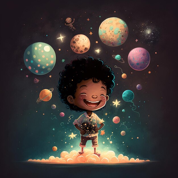 Zeichentrickfilm-Illustration eines Jungen, der auf einer Wolke mit Planeten im Hintergrund steht