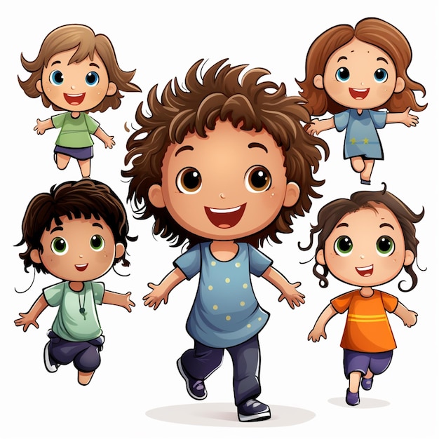 Zeichentrickfilm-Illustration eines Mädchens und ihrer vier Kinder, die generative AI betreiben