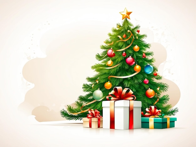 Zeichentrickfilm-Illustration Weihnachtsbaum und Geschenkkisten auf weißem Hintergrund Grüßkarte für Weihnachten
