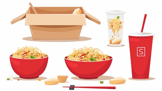 Foto zeichentrickfilm-illustrationssatz aus asiatischem essen zum mittagessen in einer schüssel, papierkiste und plastikbecher mit dampf, traditionelle köstliche orientalische mahlzeit in einer schuhe und takeaway-verpackung