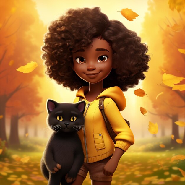 Zeichentrickfilm-Mädchen mit Afro-Haaren hält eine schwarze Katze in einem Park.