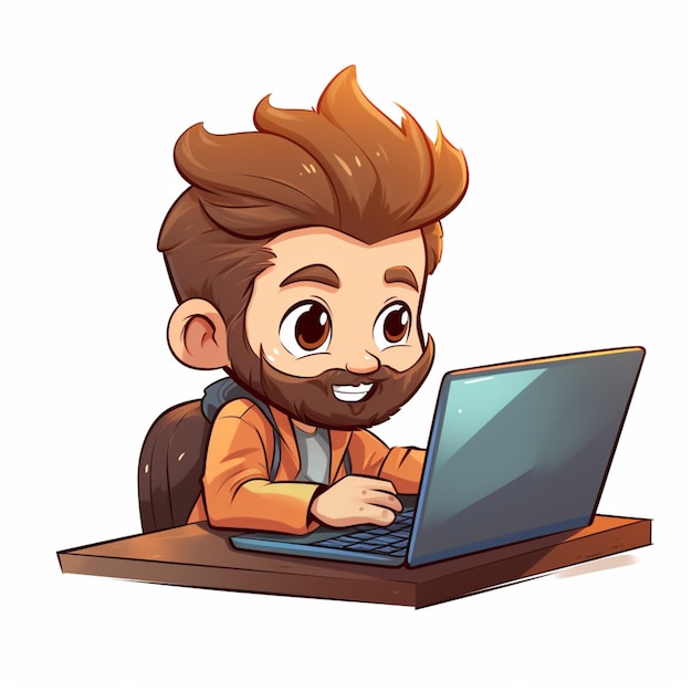 Zeichentrickfilm-Mann mit Bart, der einen Laptop-Computer generativ benutzt
