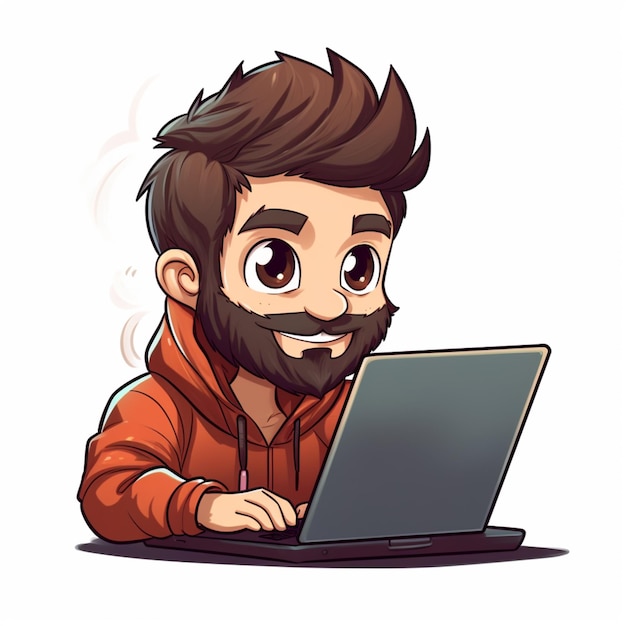 Zeichentrickfilm-Mann mit Bart, der einen Laptop-Computer generativ benutzt
