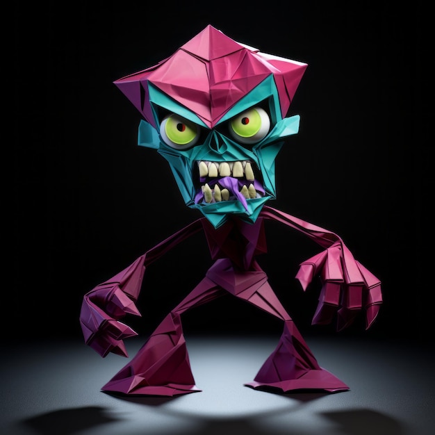 Zeichentrickfilm Origami Zombie Detailliertes Charakterdesign auf dunklem Hintergrund