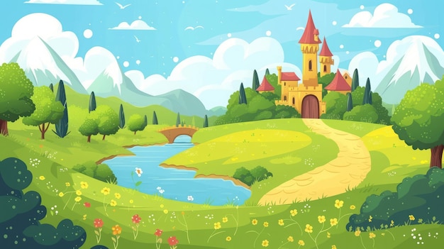 Zeichentrickfilm-Schloss auf dem Berg mit Fluss-Illustration