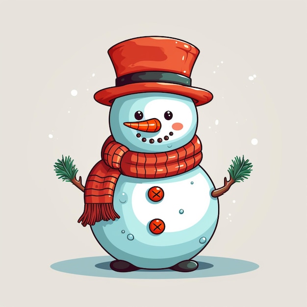 Zeichentrickfilm-Schneemann mit rotem Hut und Schal, der einen Kieferzweig in der Hand hält