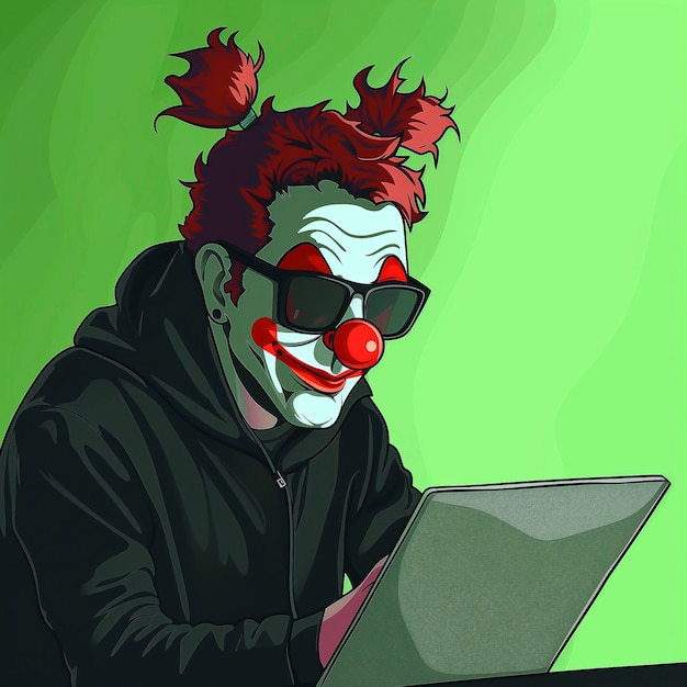 Zeichentrickfilm von einem Clown mit roten Haaren und Sonnenbrille, der einen Laptop benutzt