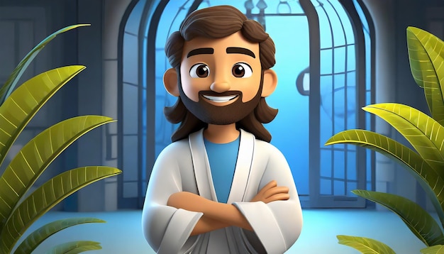Zeichentrickfilm von Jesus Christus, der im Hausgarten steht