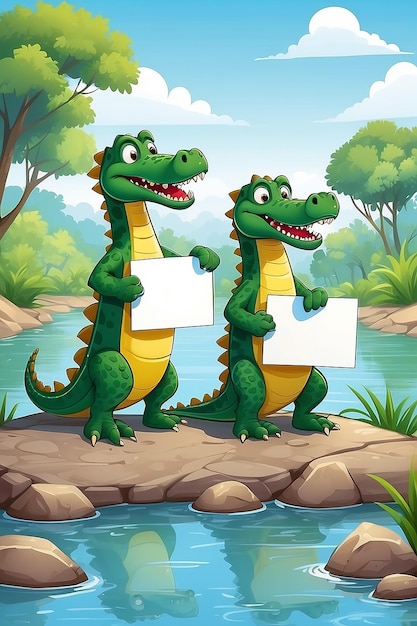 Zeichentrickfilm von zwei Krokodilen, die ein leeres Schild am Fluss halten