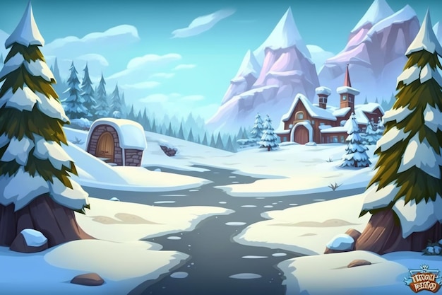 Zeichentrickfilm-Winterszene mit einem kleinen Dorf mitten in einem verschneiten Wald