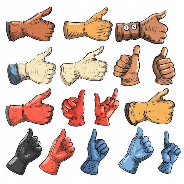Foto zeichentrickfilme mit handschuhen retro-droodle-arme mit verschiedenen gesten moderne isolierte illustrations-ikonen-set zeigen von zahlen und zeigen mit einem finger rock-zeichen daumen hoch fünf
