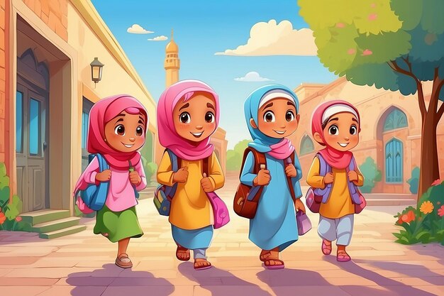 Zeichentrickfilme muslimischer Kinder, die zur Schule gehen