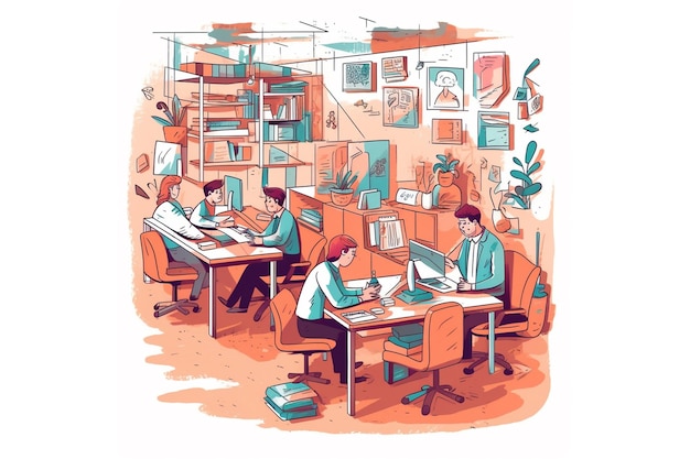 Zeichentrickfilme von Arbeitern, die in einem Büro arbeiten und ihre Aufgabe lösen