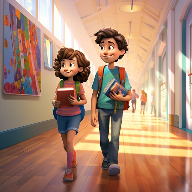 Zeichentrickfilme von einem Jungen und einem Mädchen, die einen Flur entlang gehen