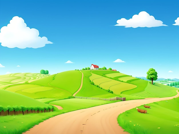 Zeichentrickfilmer Landweg durch Ackerfelder auf Hügeln Ackerland Straße zwischen Bäumen des Waldes