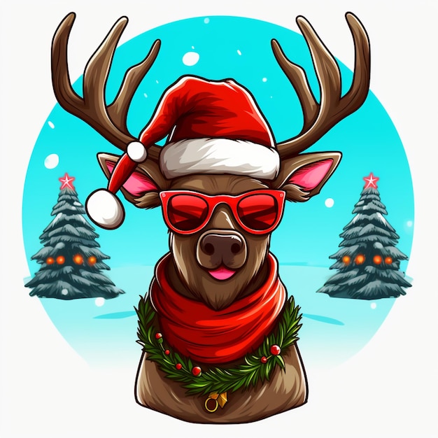 Zeichentrickfilmhirsch trägt eine Sonnenbrille und einen Weihnachtsmannshut mit einem weihnachtsbaum im Hintergrund