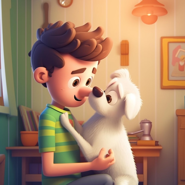 Zeichentrickfilmjunge hält einen weißen Hund in seinen Armen generativ ai