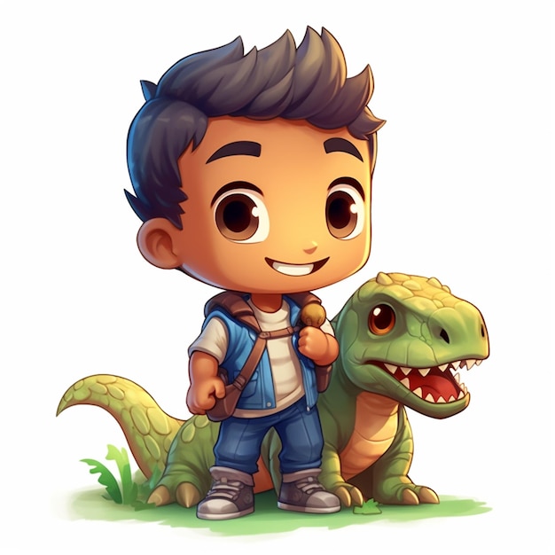 Foto zeichentrickfilmjunge mit rucksack und dinosaurier