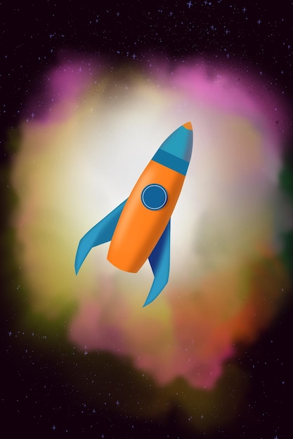 Zeichentrickfilmrakete und glühender Nebel in der Weltraumillustration