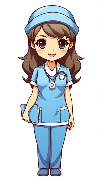 Foto zeichentrickfilmschwester in blauer uniform mit stethoskop