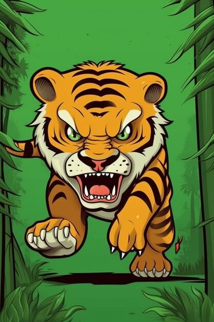 Zeichentrickfilmtiger läuft durch den Dschungel mit grünem Hintergrund