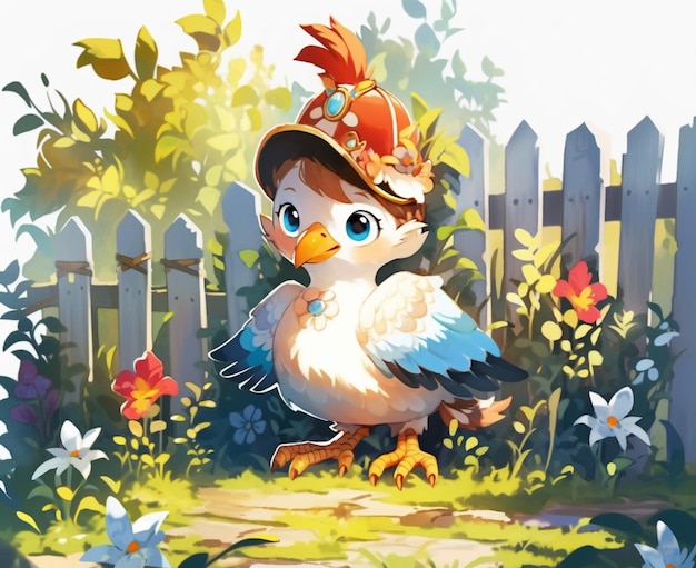 Zeichentrickfilmvogel mit Hut steht in einem Garten generativ ai