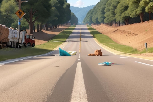 Zeichentrickszene mit Auto und Bär im Wald