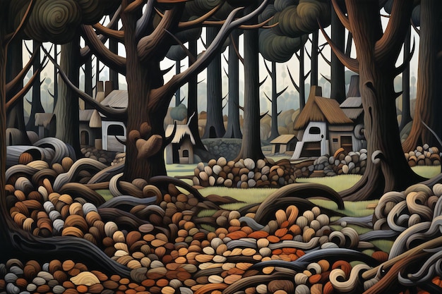 Zeichentrickszene mit Wald und Häusern im Hintergrund, Illustration für Kinder