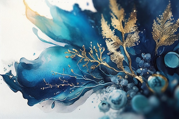 Zeichnen auf Papier mit Aquarellen von Blüten von Pflanzen und Blättern in Blau- und Goldfarben Generative KI