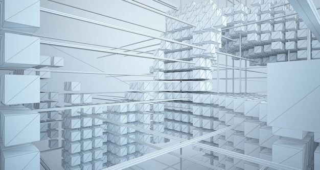 Zeichnen eines abstrakten architektonischen weißen Innenraums aus einer Reihe von Würfeln mit großen Fenstern, 3D-Illustration