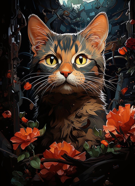 Zeichnen mit Markern einer schönen Katze mit Blumen