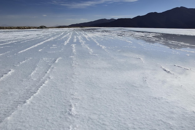 Zeichnen von getrocknetem Salz auf der Oberfläche des Sees Salar de Uyuni Bolivien