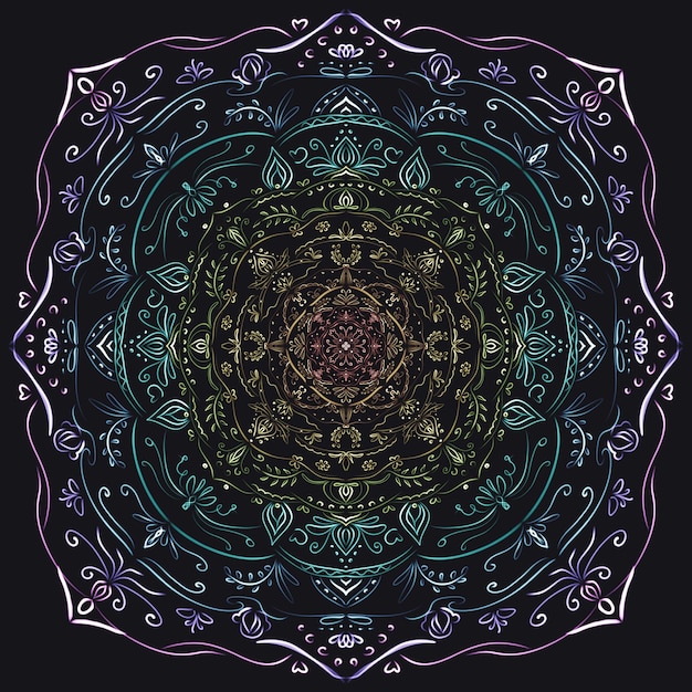 Zeichnendes Mandala in Neonfarbe auf dunklem Hintergrund, ein Ornament im indischen Stil