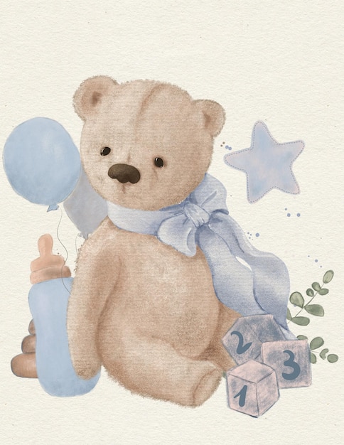 Zeichnung des Baby-Teddybären mit blauem Band für Kinderfeste