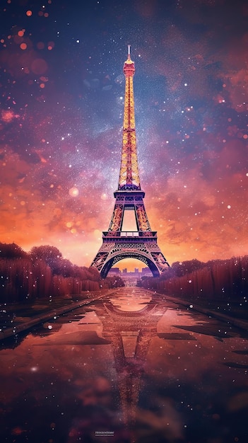 Zeichnung des Eiffelturms in der Nacht Generative KI