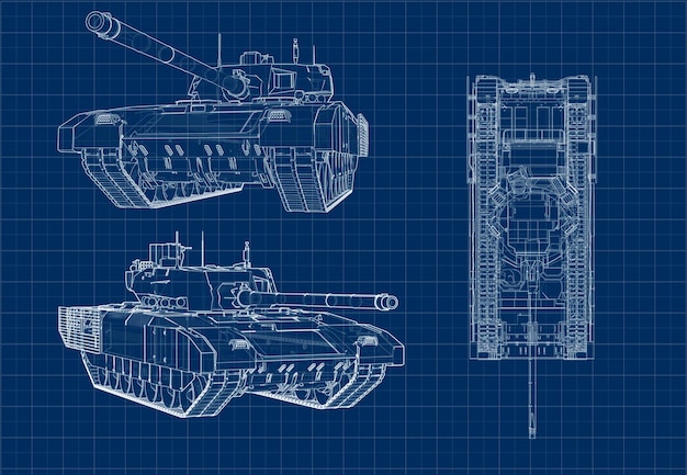 Zeichnung des Tanks aus verschiedenen Blickwinkeln, die im Zeichenstil dargestellt sind