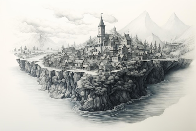 Zeichnung einer kleinen Stadt auf einer kleinen Insel mit