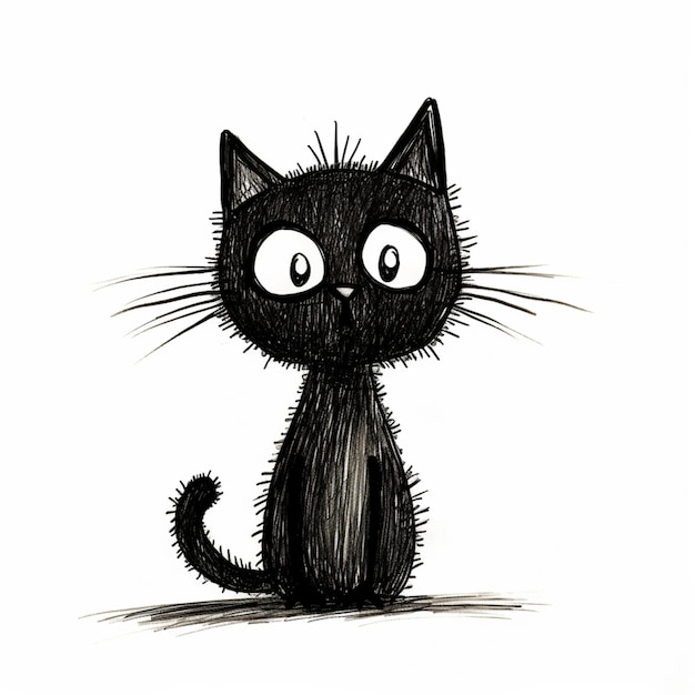 Zeichnung einer schwarzen Katze mit großen Augen, die auf dem Boden sitzt