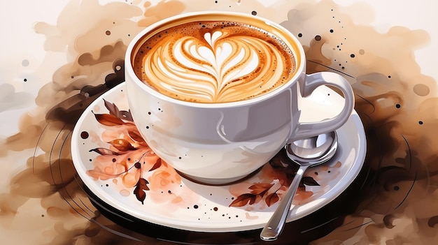 Zeichnung einer Tasse heißen Cappuccino auf hellem Hintergrund mit Spritzern Frühstückskonzept