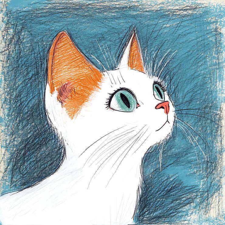 Foto zeichnung einer weißen katze mit orangefarbenen ohren und grünen augen